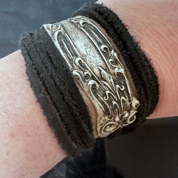 Sterling Silver Leather Cuff Bracelet Tie Wrap Yoga Antique 925